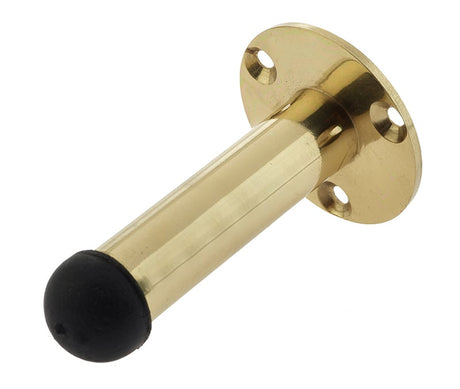 This is an image showing the Frelan - 85mm Cylinder Wall Mounted Door Stop on Rose - Polished Brass available to order from Trade Door Handles in Kendal