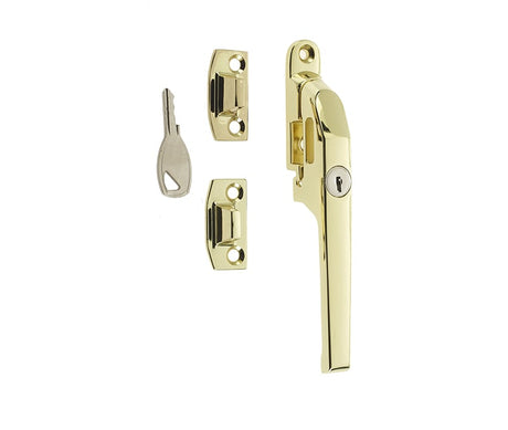 This is an image showing the Frelan - Modern NV Lockable Casement Fastener - Polished Brass available to order from Trade Door Handles in Kendal