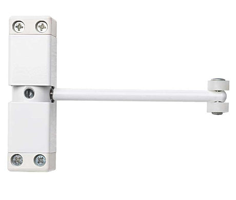 This is an image showing the Frelan - White spring arm door closer available to order from Trade Door Handles in Kendal