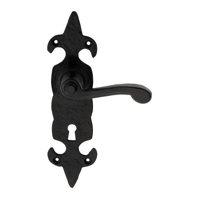 High quality image of Ludlow - Fleur de lys' Lever on Lock Backplate - Black Antique | Sku. lf5504 | Trade Door Handles.