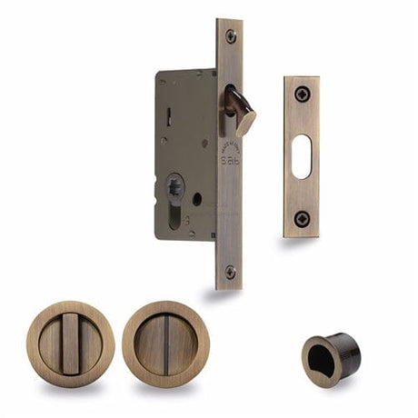 M.Marcus Locks & Latches Antique Brass / Sliding Door Locks / Round M.Marcus - SLD Lock C/W RD Privacy Turns 50mm Antique Brass