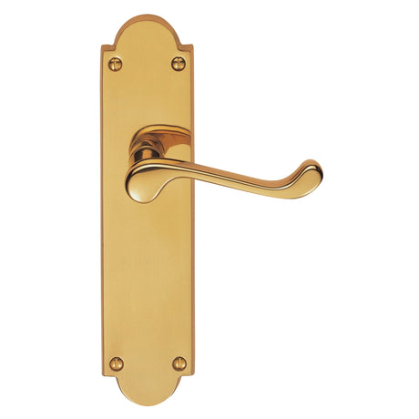 High quality image of Carlisle Brass - Victorian Scroll Lever on Shaped Latch Backplate - Polished Brass | Sku. m67 | Trade Door Handles.