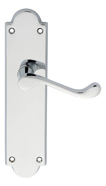 High quality image of Carlisle Brass - Victorian Scroll Lever on Shaped Latch Backplate - Polished Chrome | Sku. m67cp | Trade Door Handles.