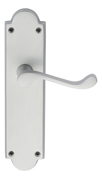 High quality image of Carlisle Brass - Victorian Scroll Lever on Shaped Latch Backplate - Satin Chrome | Sku. m67sc | Trade Door Handles.