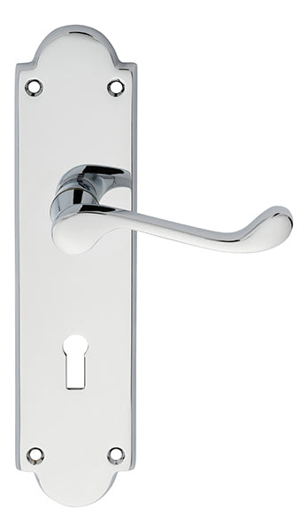 High quality image of Carlisle Brass - Victorian Scroll Lever on Shaped Lock Backplate - Polished Chrome | Sku. m68cp | Trade Door Handles.