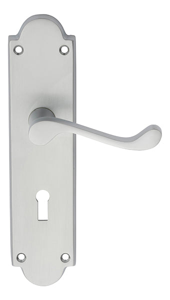 High quality image of Carlisle Brass - Victorian Scroll Lever on Shaped Lock Backplate - Satin Chrome | Sku. m68sc | Trade Door Handles.
