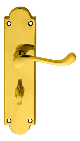 High quality image of Carlisle Brass - Victorian Scroll Lever on Shaped WC Backplate - Polished Brass | Sku. m68wc | Trade Door Handles.