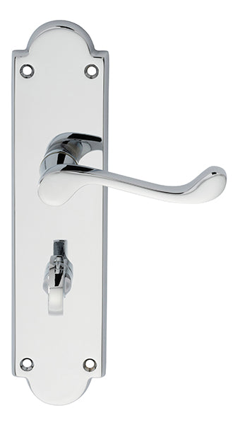 High quality image of Carlisle Brass - Victorian Scroll Lever on Shaped WC Backplate - Polished Chrome | Sku. m68wccp | Trade Door Handles.