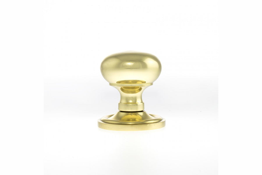 Quality image of Old English Harrogate Solid Brass Mushroom Mortice Knob on Concealed Fix Rose - Polished Brass | Sku. oe58mmkpb | available from Trade Door Handles.