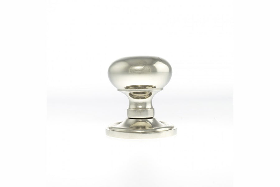 Quality image of Old English Harrogate Solid Brass Mushroom Mortice Knob on Concealed Fix Rose - Polished Nickel | Sku. oe58mmkpn | available from Trade Door Handles.