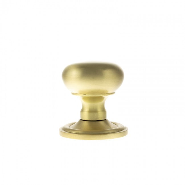 Quality image of Old English Harrogate Solid Brass Mushroom Mortice Knob on Concealed Fix Rose - Satin Brass | Sku. oe58mmksb | available from Trade Door Handles.