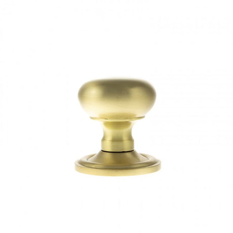 Quality image of Old English Harrogate Solid Brass Mushroom Mortice Knob on Concealed Fix Rose - Satin Brass | Sku. oe58mmksb | available from Trade Door Handles.