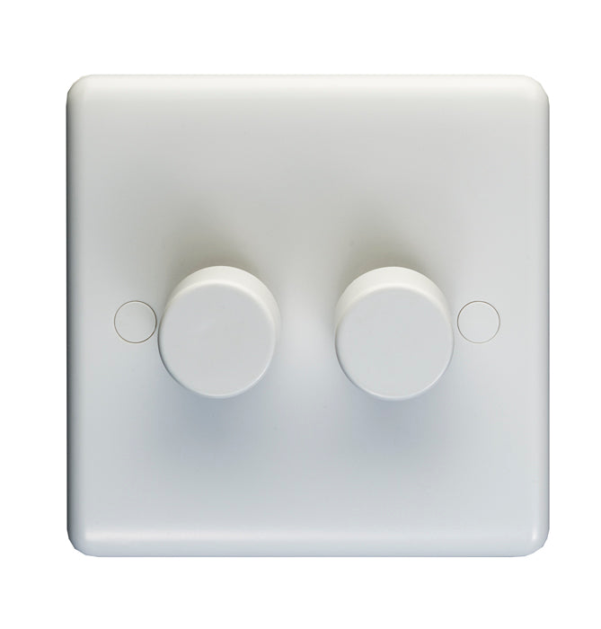 This is an image of Eurolite - Enhance White Plastic 2 Gang Dimmer White (With White Trim) | Sku. pl3504-22 | available from Trade Door Handles.