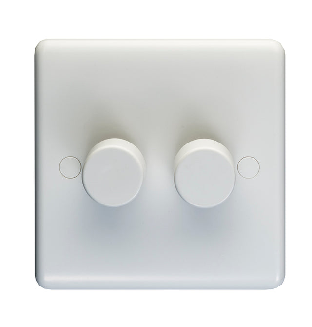 This is an image of Eurolite - Enhance White Plastic 2 Gang Dimmer White (With White Trim) | Sku. pl3504-22led | available from Trade Door Handles.