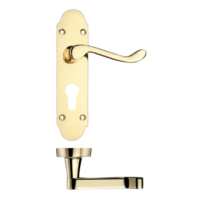 High quality image of the PR0 - Project Range - Project Oxford Lever on Europrofile Lock Backplate - 168mm x 42mm - Electro Brass | Sku. pr011epeb | available to order from Trade Door Handles.