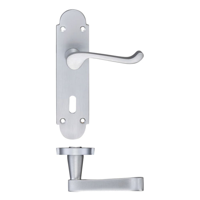 High quality image of the PR0 - Project Range - Project Oxford Lever on Lock Backplate - 168mm x 42mm - Satin Chrome | Sku. pr011sc | available to order from Trade Door Handles.
