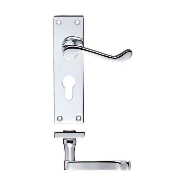 High quality image of the PR0 - Project Range - Project Victorian Scroll Lever on Europrofile Lock Backplate -150mm x 40mm - Polished Chrome | Sku. pr021epcp | available to order from Trade Door Handles.