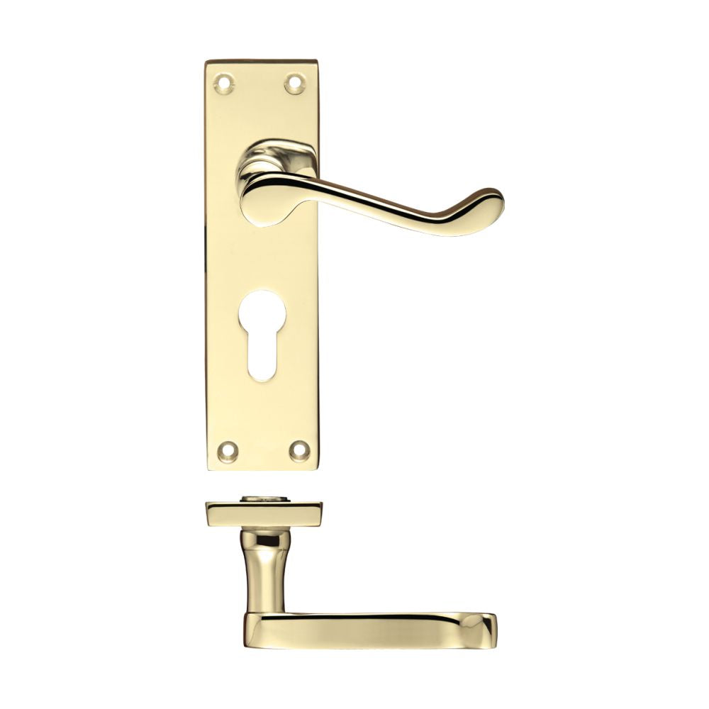 High quality image of the PR0 - Project Range - Project Victorian Scroll Lever on Europrofile Lock Backplate -150mm x 40mm - Electro Brass | Sku. pr021epeb | available to order from Trade Door Handles.