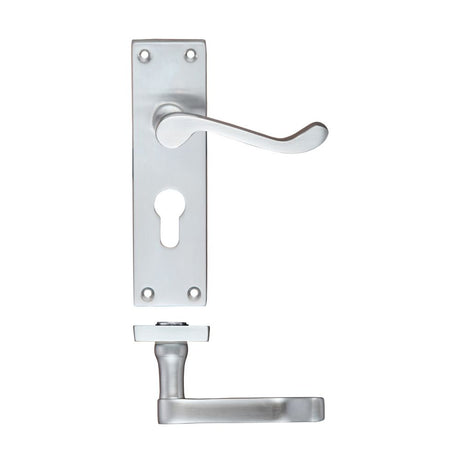 High quality image of the PR0 - Project Range - Project Victorian Scroll Lever on Europrofile Lock Backplate -150mm x 40mm - Satin Chrome | Sku. pr021epsc | available to order from Trade Door Handles.