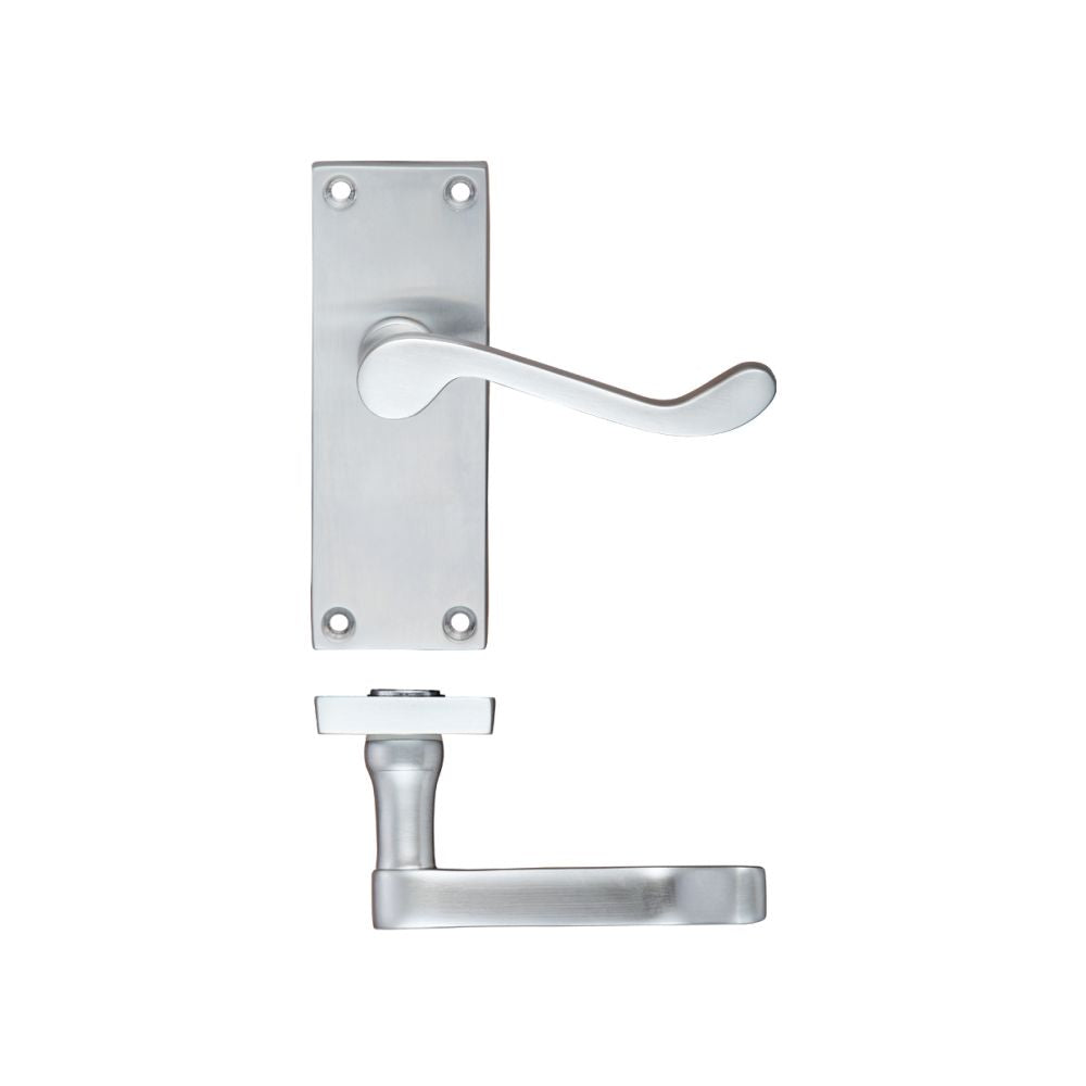 High quality image of the PR0 - Project Range - Project Victorian Scroll Lever on Latch Backplate - 114mm x 40mm - Satin Chrome | Sku. pr022sc | available to order from Trade Door Handles.