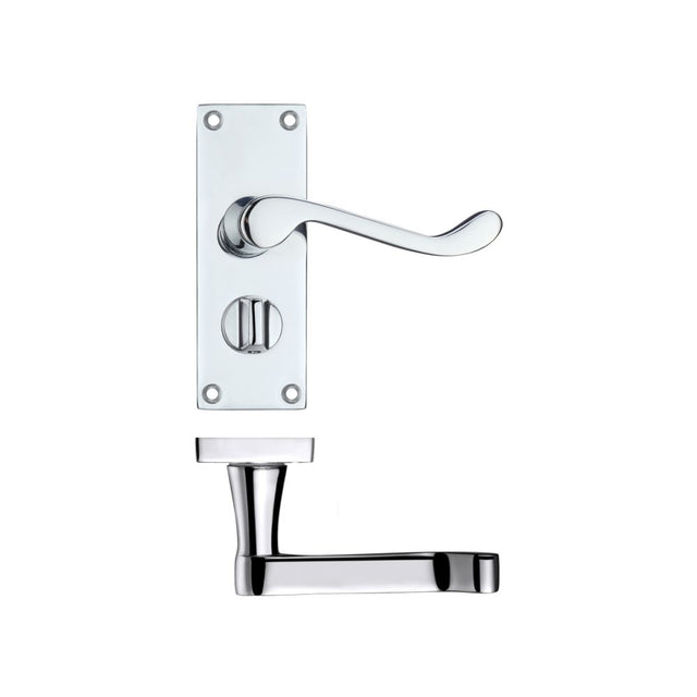 High quality image of the PR0 - Project Range - Project Victorian Scroll Lever on Privacy Backplate -114mm x 40mm - Polished Chrome | Sku. pr024cp | available to order from Trade Door Handles.