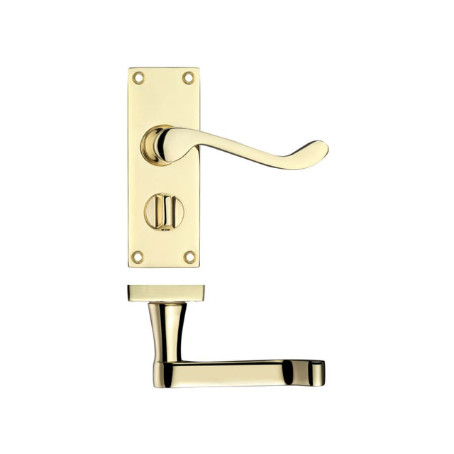 High quality image of the PR0 - Project Range - Project Victorian Scroll Lever on Privacy Backplate -114mm x 40mm - Electro Brass | Sku. pr024eb | available to order from Trade Door Handles.