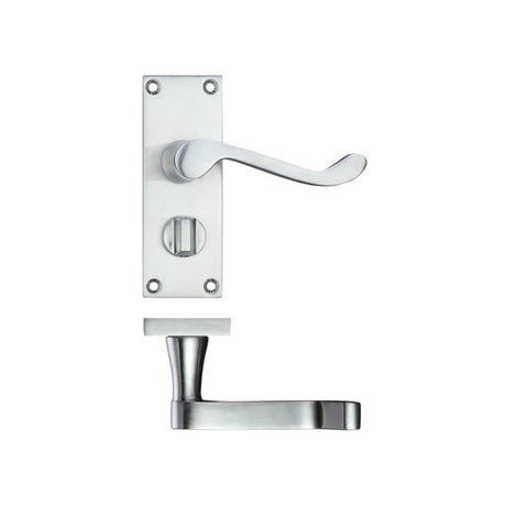 High quality image of the PR0 - Project Range - Project Victorian Scroll Lever on Privacy Backplate -114mm x 40mm - Satin Chrome | Sku. pr024sc | available to order from Trade Door Handles.