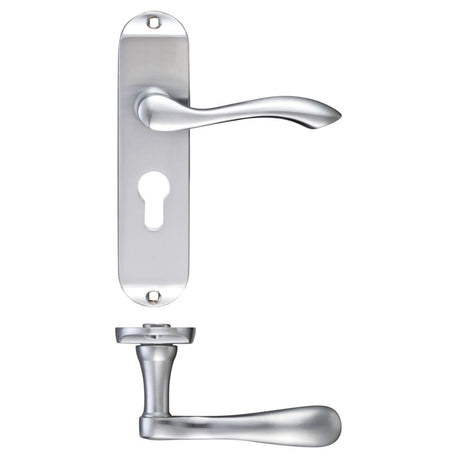 High quality image of the PR0 - Project Range - Project Arundel Lever on Europrofile Lock Backplate - 180mm x 40mm - Satin Chrome | Sku. pr031epsc | available to order from Trade Door Handles.