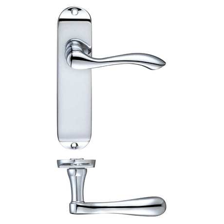 High quality image of the PR0 - Project Range - Project Arundel Lever on Latch Backplate - 180mm x 40mm - Polished Chrome | Sku. pr032cp | available to order from Trade Door Handles.