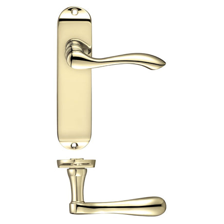 High quality image of the PR0 - Project Range - Project Arundel Lever on Latch Backplate - 180mm x 40mm - Electro Brass | Sku. pr032eb | available to order from Trade Door Handles.