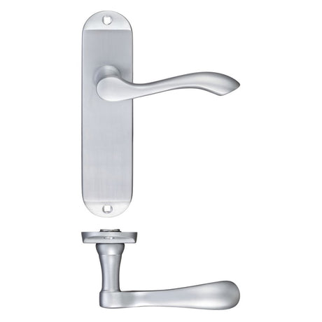 High quality image of the PR0 - Project Range - Project Arundel Lever on Latch Backplate - 180mm x 40mm - Satin Chrome | Sku. pr032sc | available to order from Trade Door Handles.