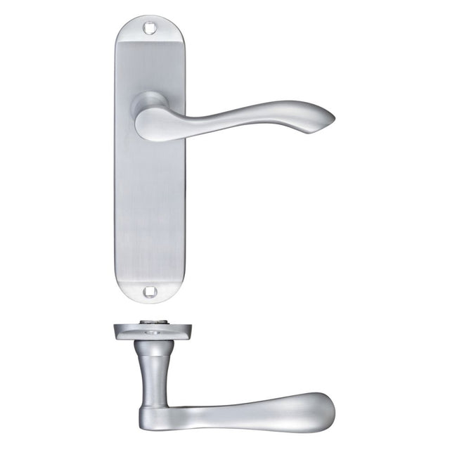 High quality image of the PR0 - Project Range - Project Arundel Lever on Latch Backplate - 180mm x 40mm - Satin Chrome | Sku. pr032sc | available to order from Trade Door Handles.