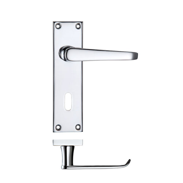 High quality image of the PR0 - Project Range - Project Victorian Flat Lever on Lock Backplate 150 x 40mm - Polished Chrome | Sku. pr041cp | available to order from Trade Door Handles.