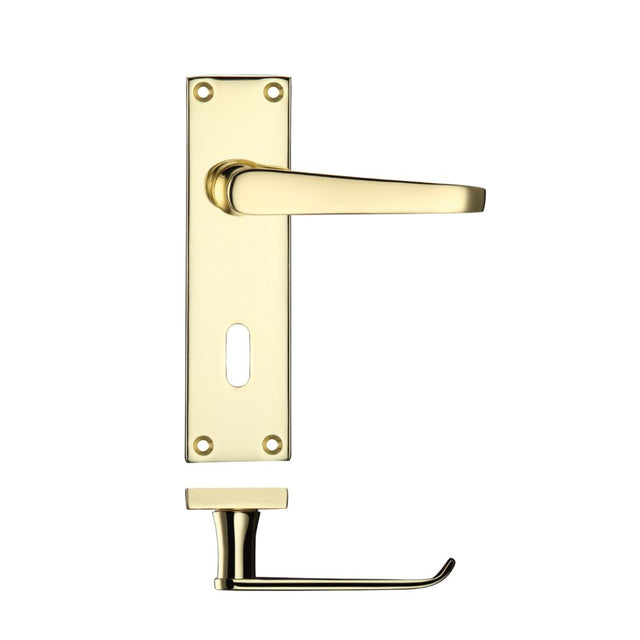 High quality image of the PR0 - Project Range - Project Victorian Flat Lever on Lock Backplate 150 x 40mm - Electro Brass | Sku. pr041eb | available to order from Trade Door Handles.