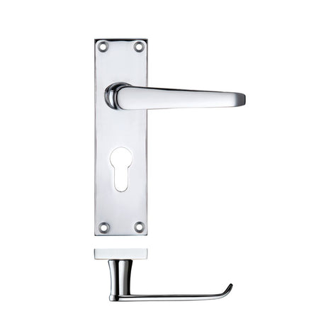 High quality image of the PR0 - Project Range - Project Victorian Flat Lever on Europrofile Lock Backplate 150 x 40mm - Polished Chrome | Sku. pr041epcp | available to order from Trade Door Handles.