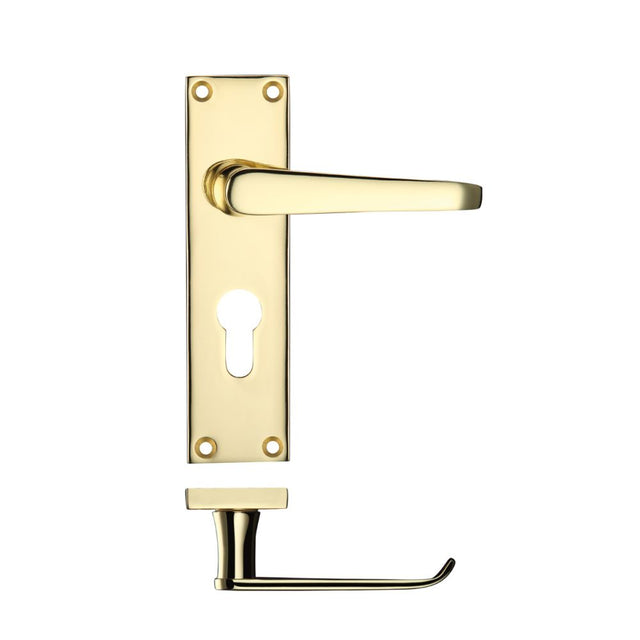 High quality image of the PR0 - Project Range - Project Victorian Flat Lever on Europrofile Lock Backplate 150 x 40mm - Electro Brass | Sku. pr041epeb | available to order from Trade Door Handles.