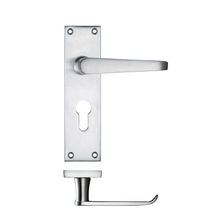 High quality image of the PR0 - Project Range - Project Victorian Flat Lever on Europrofile Lock Backplate 150 x 40mm - Satin Chrome | Sku. pr041epsc | available to order from Trade Door Handles.