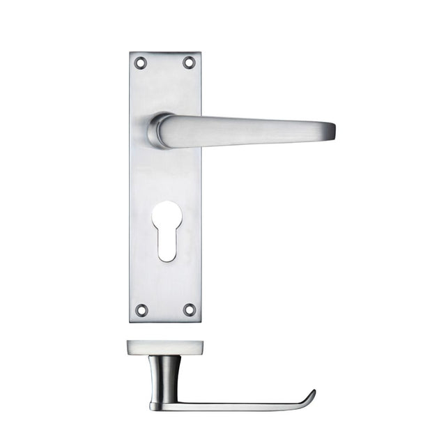 High quality image of the PR0 - Project Range - Project Victorian Flat Lever on Europrofile Lock Backplate 150 x 40mm - Satin Chrome | Sku. pr041epsc | available to order from Trade Door Handles.