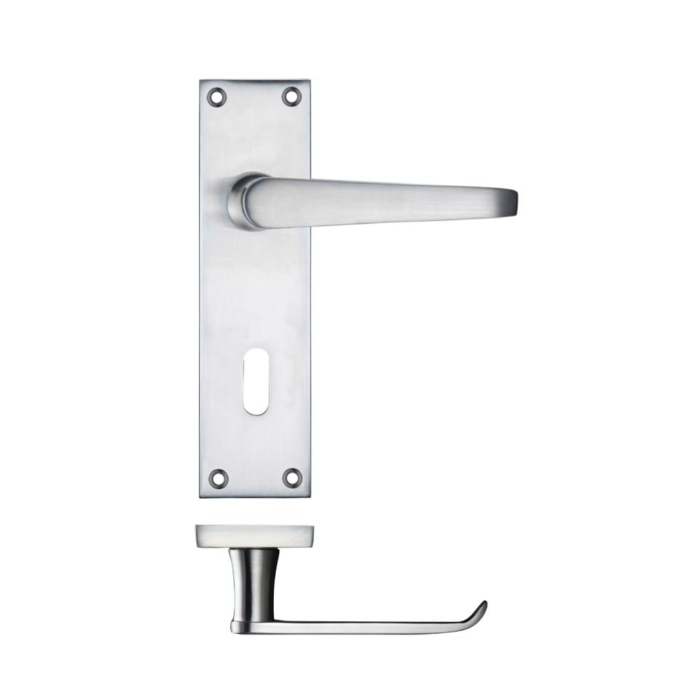 High quality image of the PR0 - Project Range - Project Victorian Flat Lever on Lock Backplate 150 x 40mm - Satin Chrome | Sku. pr041sc | available to order from Trade Door Handles.