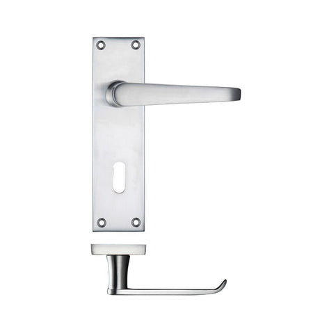 High quality image of the PR0 - Project Range - Project Victorian Flat Lever on Lock Backplate 150 x 40mm - Satin Chrome | Sku. pr041sc | available to order from Trade Door Handles.