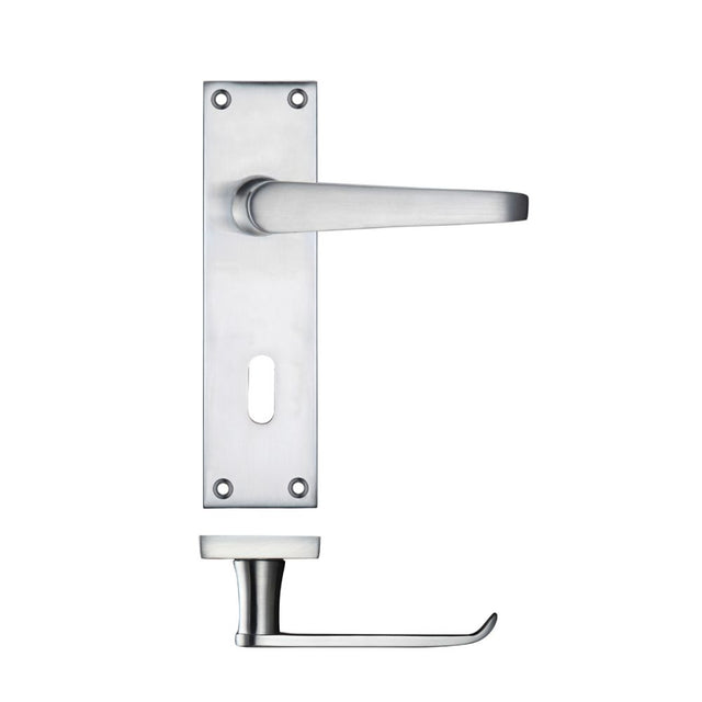 High quality image of the PR0 - Project Range - Project Victorian Flat Lever on Lock Backplate 150 x 40mm - Satin Chrome | Sku. pr041sc | available to order from Trade Door Handles.
