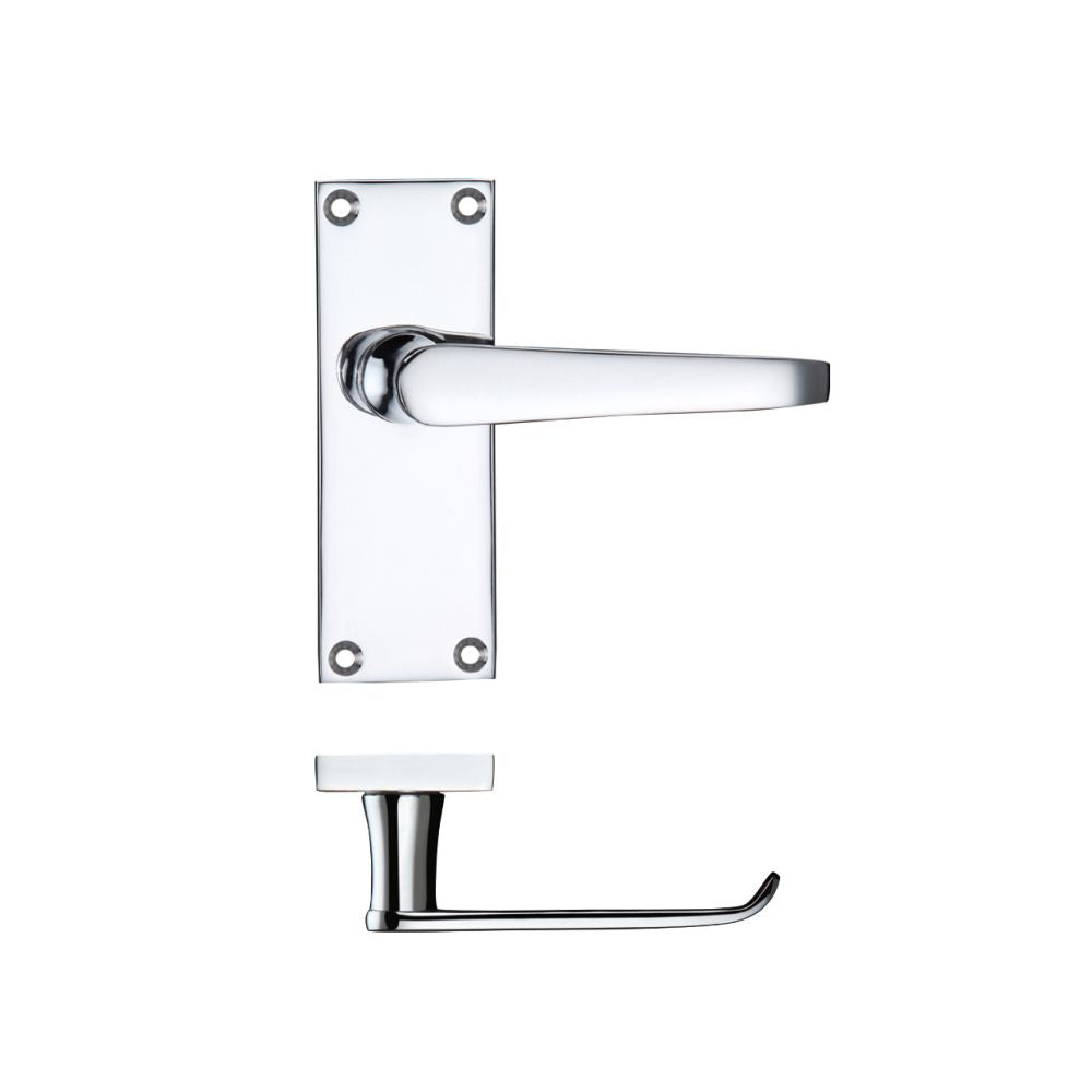 High quality image of the PR0 - Project Range - Project Victorian Flat Lever on Latch Backplate 114 x 40mm - Polished Chrome | Sku. pr042cp | available to order from Trade Door Handles.