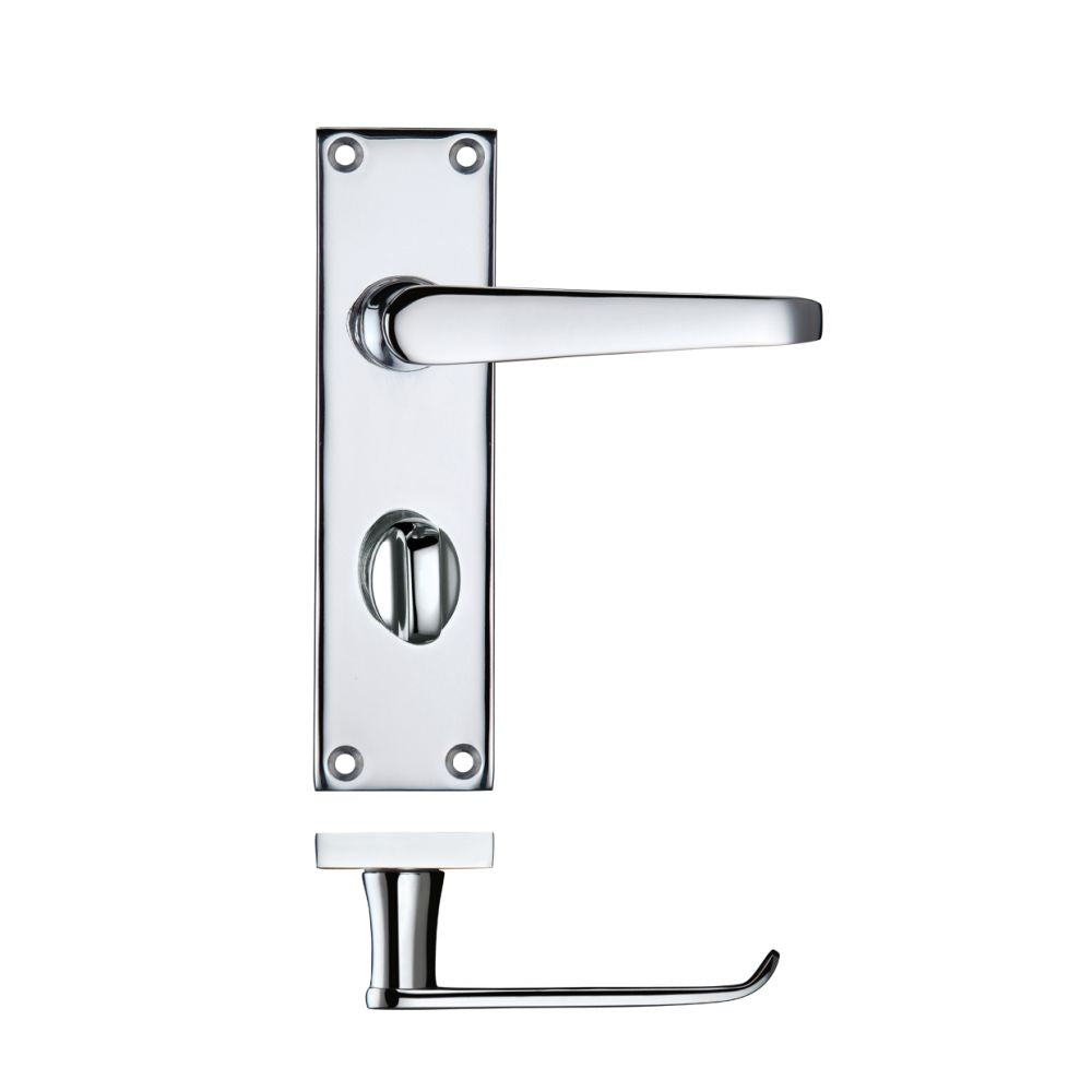 High quality image of the PR0 - Project Range - Project Victorian Flat Lever on Bathroom Backplate 150 x 40mm - Polished Chrome | Sku. pr043cp | available to order from Trade Door Handles.