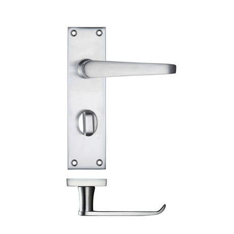 High quality image of the PR0 - Project Range - Project Victorian Flat Lever on Bathroom Backplate 150 x 40mm - Satin Chrome | Sku. pr043sc | available to order from Trade Door Handles.