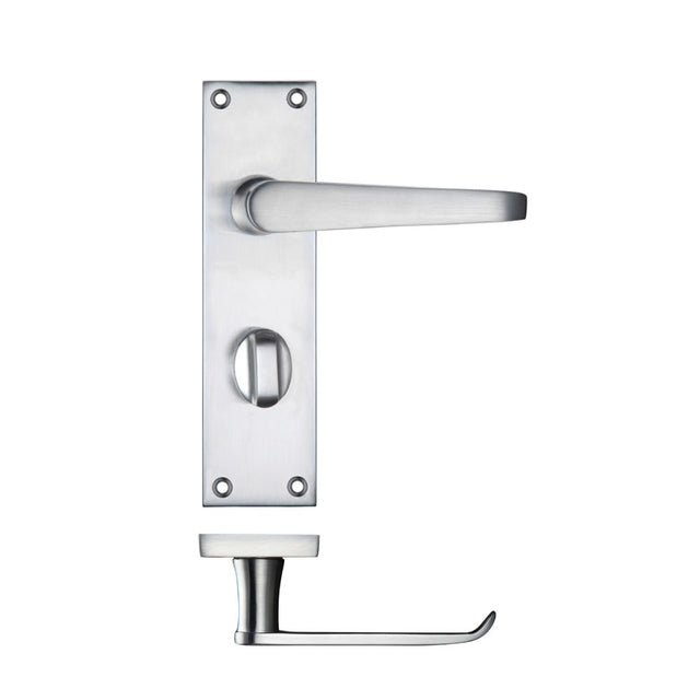 High quality image of the PR0 - Project Range - Project Victorian Flat Lever on Bathroom Backplate 150 x 40mm - Satin Chrome | Sku. pr043sc | available to order from Trade Door Handles.