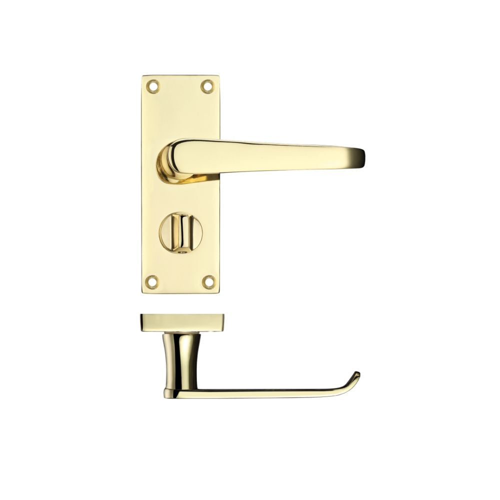 High quality image of the PR0 - Project Range - Project Victorian Flat Lever on Privacy Backplate 114 x 40mm - Electro Brass | Sku. pr044eb | available to order from Trade Door Handles.