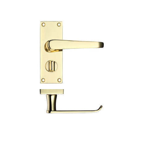 High quality image of the PR0 - Project Range - Project Victorian Flat Lever on Privacy Backplate 114 x 40mm - Electro Brass | Sku. pr044eb | available to order from Trade Door Handles.