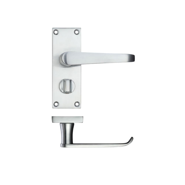 High quality image of the PR0 - Project Range - Project Victorian Flat Lever on Privacy Backplate 114 x 40mm - Satin Chrome | Sku. pr044sc | available to order from Trade Door Handles.