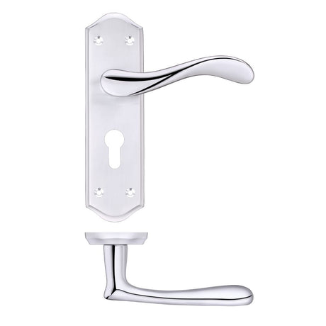 High quality image of the PR0 - Project Range - Project Asti Lever on Europrofile Lock Backplate - Satin Chrome/Polished Chrome | Sku. pr061epsccp | available to order from Trade Door Handles.