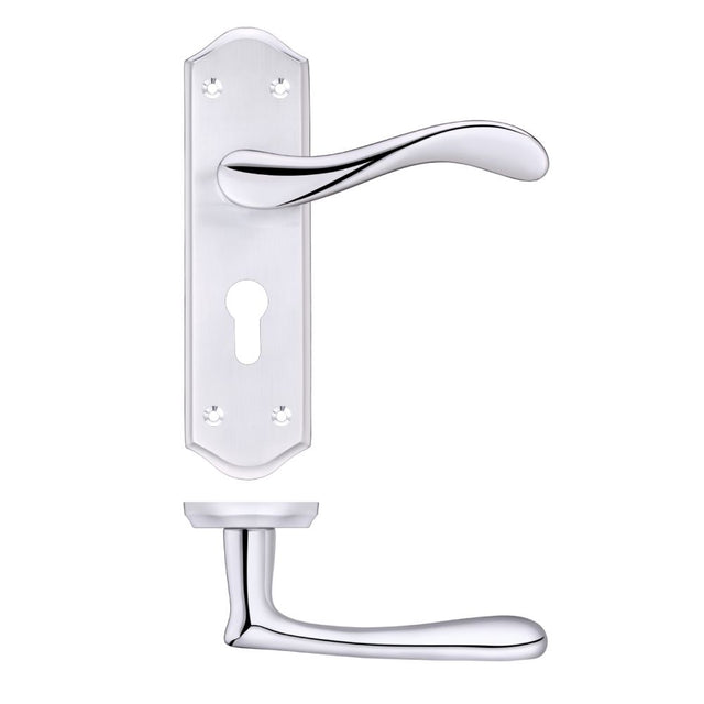 High quality image of the PR0 - Project Range - Project Asti Lever on Europrofile Lock Backplate - Satin Chrome/Polished Chrome | Sku. pr061epsccp | available to order from Trade Door Handles.